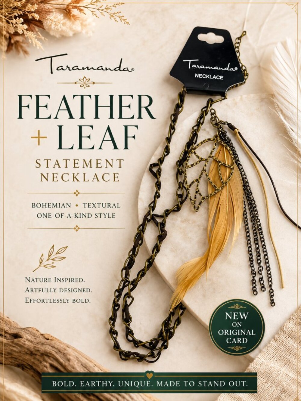 Taramanda Feather Leaf Statement Necklace Gold Bronze Boho Long Pendant New